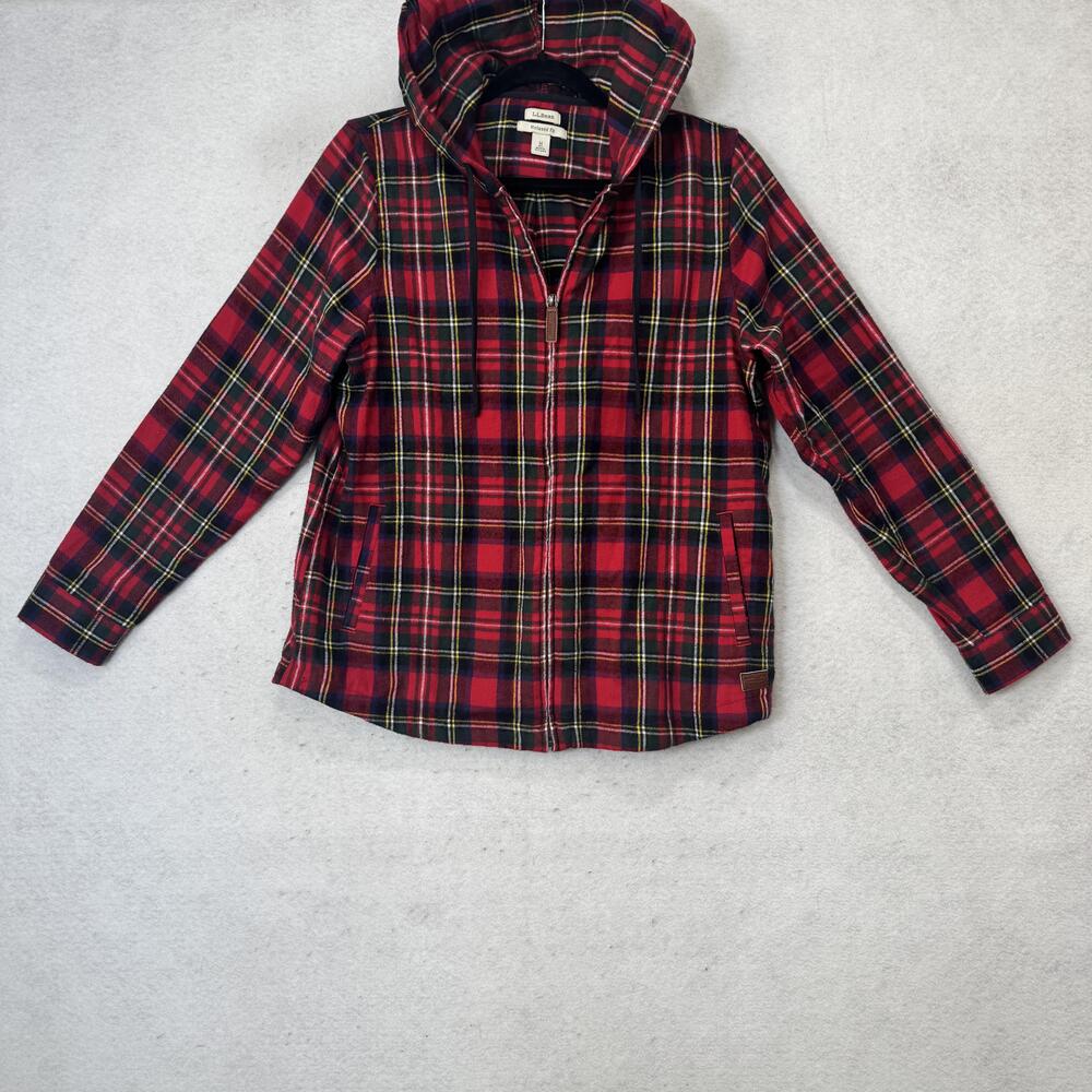 LL Bean Jacket Womens Medium Red Plaid Flannel Hooded Full Zip Pockets Relaxed